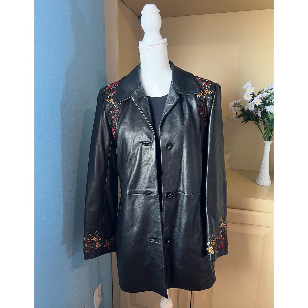 Y2K Vtg Womens Large Black Real Leather Jacket Embroidered Floral Biker Boho